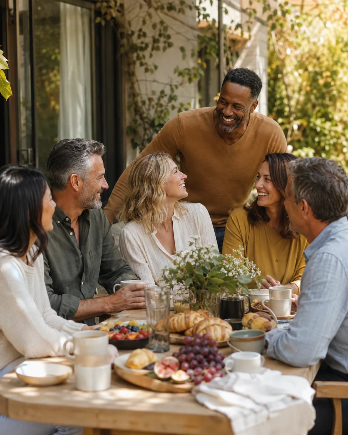 Friends sharing brunch and conversation around a sunny outdoor table.
